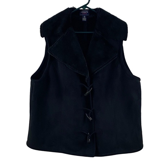 Womens 1X Chaps Vest Black Faux Suede Faux Lined Fur Horn Toggle Button Front - Picture 1 of 6